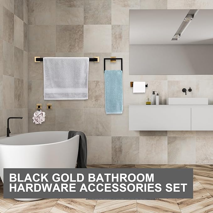 Gisafai 25 Pcs Bathroom Hardware Accessories Set 23.6 Inch Bath Towel Bar Kit Stainless Steel Bathroom Hardware Set Towel Racks Ring Hooks Paper Holder for Wall Mounted (Black Gold)