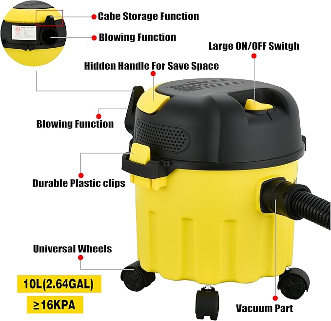 Wet-Dry Vacuum, 3-in-1 Portable Shop Vacuum Cleaner with 2 Peak HP Power Suction, Lightweight Wet Dry Vacuum with Blower & Wall Mount Design for Car, Pet Hair, Hard Floor (High)