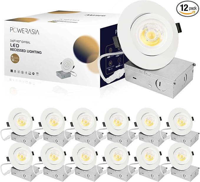 12 Pack 4 Inch Gimbal LED Recessed Lighting with Junction Box, 5CCT 2700K-6000K Selectable, 360°+90° Adjustable Directional Eyeball Light, 9W 1000LM Slim Canless Downlight - ETL and Energy Star