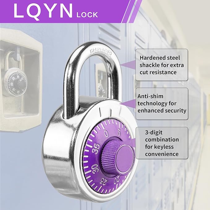 Combination Lock, LQYN Standard Dial Combination Lock, Pack of 100; Purple Turnplate, 2 in. Wide, Fixed Three Digital Combination, for School, Gym & Locker, Toolbox, Gate