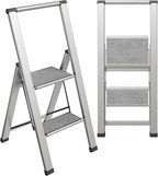 Step Ladder 2 Step Folding, Decorative - Beautiful Gray Wood & Silver Aluminum, Ultra Slim Profile, Anti Slip Steps, Sturdy-Portable for Home, Office, Kitchen, Photography Use,by SORFEY