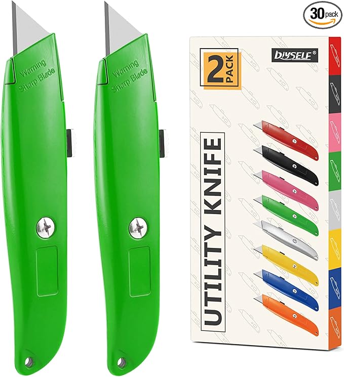 DIYSELF 30 Pack Box Cutter Heavy Duty Aluminium Shell Utility Knife | SK5 Steel Sharp Blade | Retractable Knife for Cutting Cartons Ropes and Cardboard | Home and Office Use (Green)