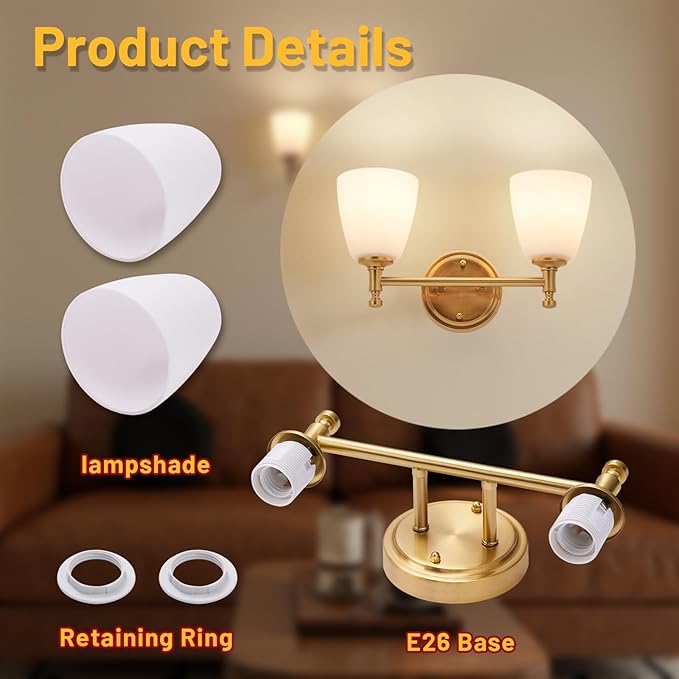 2-Light Gold Bathroom Light Fixtures, Wall Sconce with Brass Base & Milk Glass Shade, Gold Vintage Wall Lamp for Bedroom, Living Room, Hallway,Vanity,E26 Socket (Bulbs Not Included)