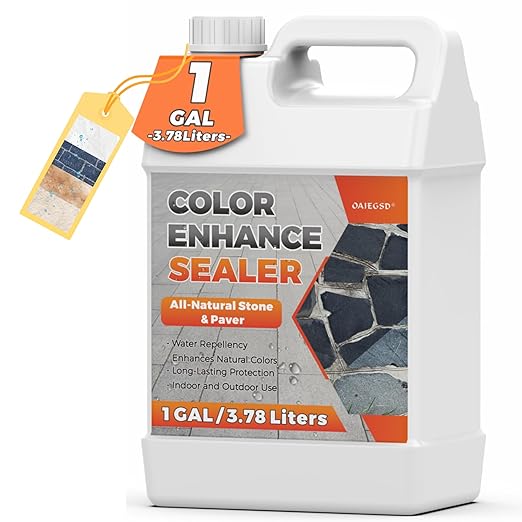 1 Gallon Wet Look Stone Sealer, High Gloss Paver Sealer for Outdoor Surfaces (Travertine, Slate, Sandstone, Concrete)– Waterproof, Provides Natural Color Enhancement for Driveways, Patios