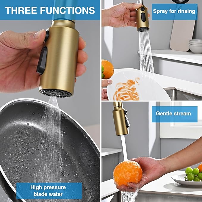 Metal Kitchen Faucet Head Replacement, 3-Function Pull Down Spray Head for Kitchen Faucet, High Pressure Sink Spray Nozzle with 9 Adapters Compatible with American Standard, ‎Brushed Gold