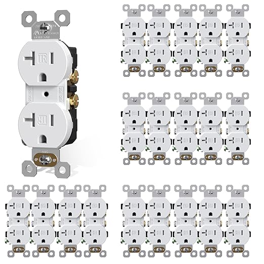 AIDA 20 Amp Outlets Duplex Electrical Receptacle Outlets,Tamper Resistant,Heavy-Duty Receptacle Wall Outlet,Residential,2-Pole,3-Wire, Self-Grounding Clip, NEMA 5-20R,UL Listed 20 Pack, White