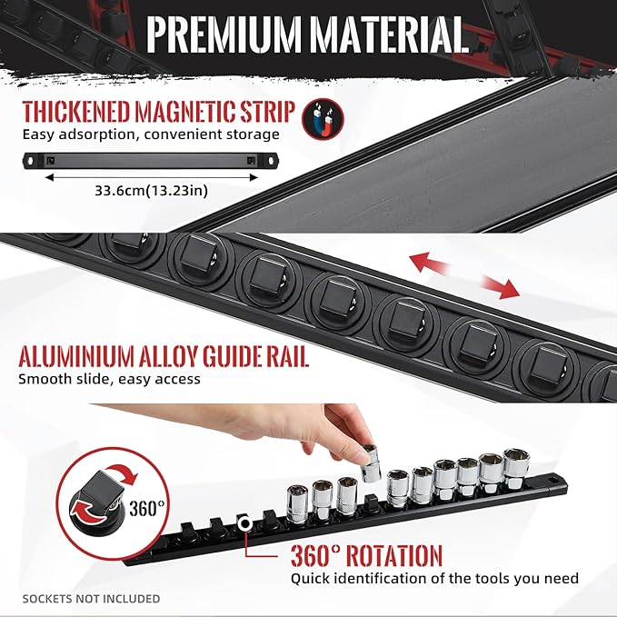 Magnetic Socket Organizer, 1-Piece Heavty Duty Aluminum Socket Holder, Socket Rail for Tool Box, Premium Quality 360° Swivel Socket Rack with 14 Clips for 1/4-Inch(Black)