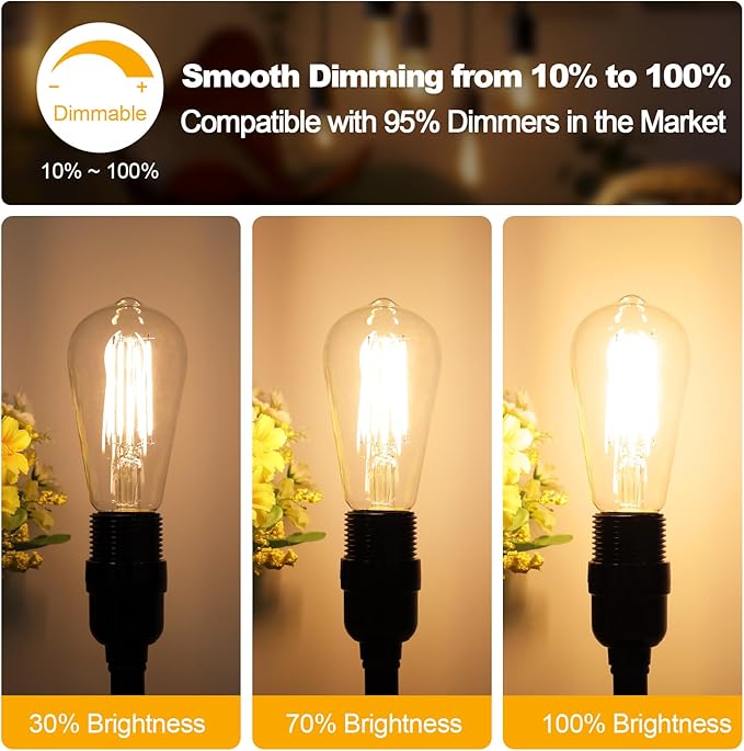 Vintage LED Edison Bulbs 60 Watt Equivalent Dimmable 7W ST58 LED Filament Light Bulbs Soft White 2700K Antique Style Lighting High Brightness 800LM E26 Medium Base Clear Glass for Home Office, 12 Pack