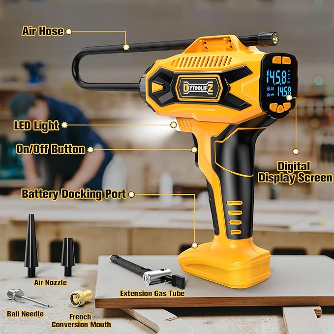 Cordless Tire Inflator Air Compressor Compatible with Dewalt 20V Max Battery, 160PSI Portable Air Pump with Digital Pressure Gauge, Fast Inflation for Cars, Motorcycles, Bikes(Bare Tool)