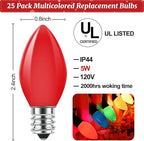 C7 Christmas Replacement Bulbs, 25 Pack Multicolor Ceramic Light Bulbs for Christmas Outdoor Indoor String Lights, E12/C7 Base, 5 Watt
