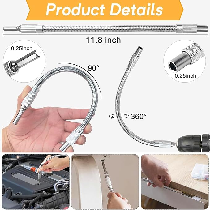17Pcs Tools Flexible Drill Bit Extension,Include 3Pcs Rotatable Socket Adapter 2Pcs Hex Shank 105° Right Angle Drill Attachment 10 Short Screwdriver Bits 90° Angled Bits & Bendable Drill Bit Extension