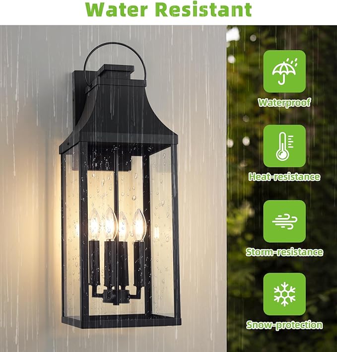 tewei 25'' Large Outdoor Wall Light, Porch Light Outdoor Wall Sconce Lantern, 4-Light Modern Black Exterior Lighting Fixture Wall Mount, Outside Light for House Garage, 1-Pack