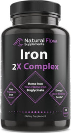 Iron Supplement 2-in-1 Complete Complex - Natural Flow 2X Heme and Chelated Non Heme Iron Bisglycinate, Folate, B and Vitamin C, for Anemia and Blood Building Support, Gentle on Stomach, 90 Caps