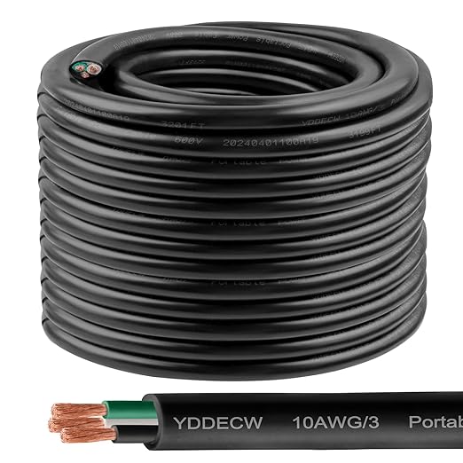 150ft 10/3 10 AWG Portable Power Cable (3 Conductor) - SOOW 600V 10 Gauge Electric Wire for Motor Leads, Portable Lights, Battery Chargers and Machinery - 3 Conductor - 150 Feet Electrical Cord
