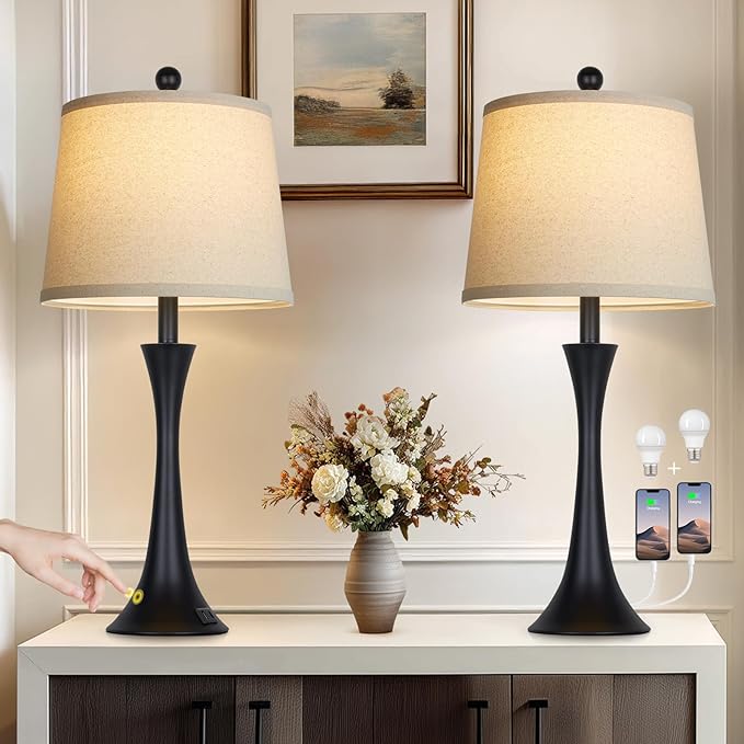 27.5" Table Lamps Set of 2, Touch Bedside Lamps with USB C+A Ports, 3 Way Dimmable Nightstand Lamps for Bedroom, Living Room, Office, Black Lamp with Beige Lampshade, Bulbs Included