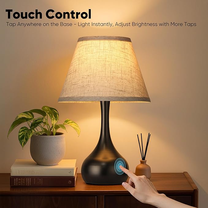 Touch Table Lamp for Bedroom Set of 2, 3-Way Dimmable Bedside Lamp for Nightstand, 17” Farmhouse Metal Desk Lamp with Linen Shade for Living Room, Kids Reading, Dorm, Home Office Decor, Bulb Included