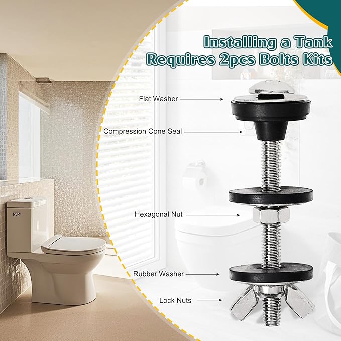 2PCS M6 Universal Toilet Tank to Bowl Bolts Kit, Heavy Duty Stainless Steel Toilet Seat Bolts, Easy to Install