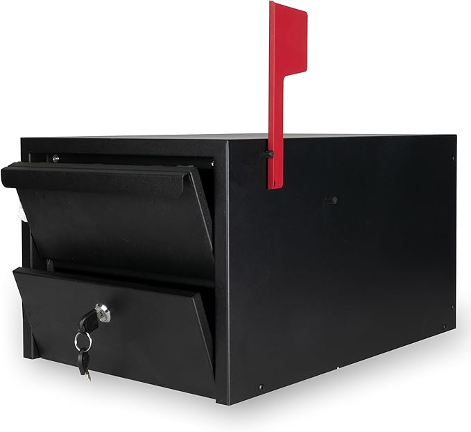 Ilyapa Locking Mailbox for Outside with Lock & Key - Modern Mailboxes for Outside Post Mount, Black Powder Coated Steel Heavy Duty Curbside Mail Box