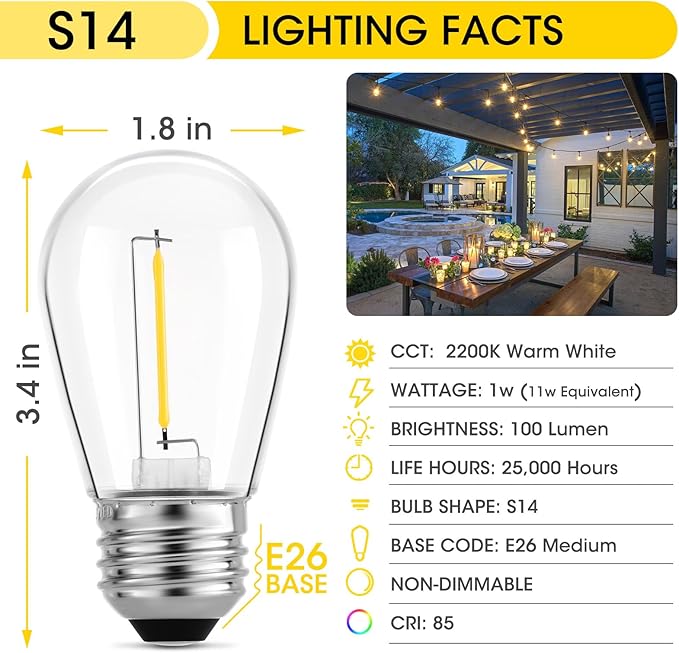 Meconard Outdoor Patio String Light Bulbs, Shatterproof Waterproof S14 LED Replacement Bulbs for Outdoor String Lights, 1W LED Bulbs Equal to 11W Incandescent, 2200K Warm White, E26 Base, Non-Dimmable