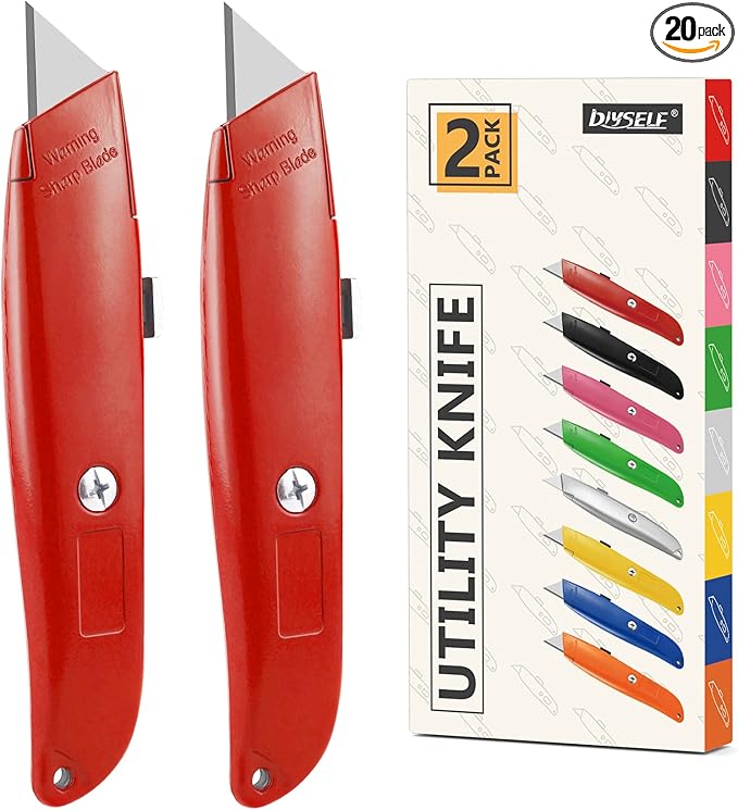 DIYSELF Utility Knife, 20 Pack Heavy Duty Box Cutter Retractable, Box Cutter Knife, Box Opener, Cardboard Cutter, Utility Knives for Garage, Home and Office, Box Cutters for Daily Use (Red)