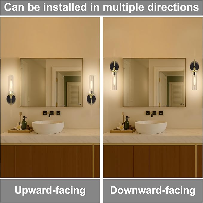 Black and Gold Bathroom Light Fixtures Over Mirror, Wall Sconces Set of 2 with Knurled Texture, Modern Industrial Vanity Lights with Clear Glass Tube Shade, Matte Black and Gold Wall Lamps for Bedroom