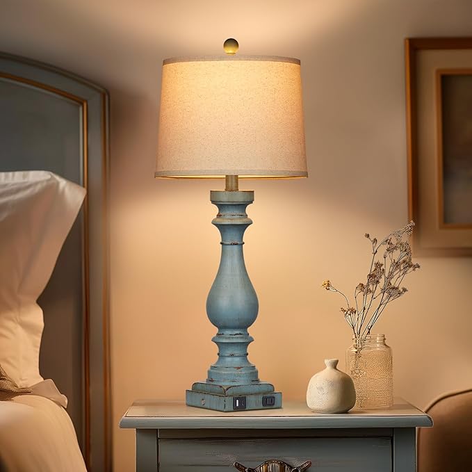 27.5" Tall Coastal Lamp,Retro-Blue Vintage Bedside Nightstand Lamps with USB Charging Ports A/C,3-Way Dimmable Touch Control Table Lamps for Bedroom Living Room,Single Blue