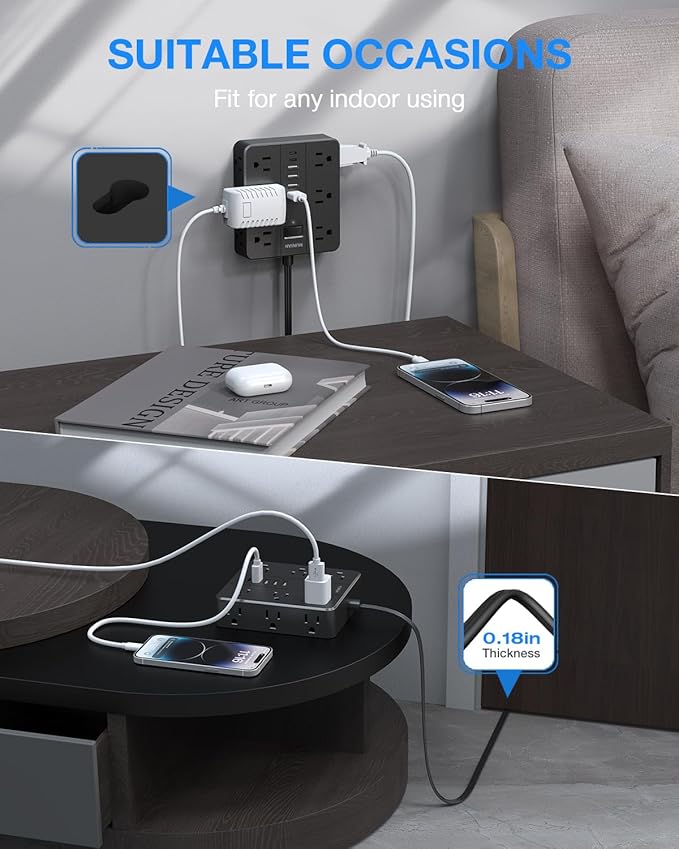 Extension Cord 25 Ft, HUNIAN Flat Plug Power Strip Surge Protector, 12 Widely Spaced Outlets with 6 USB Charger (2 USB C Ports), Desk Charging Station for Home Office Supplies, Dorm Room, Black