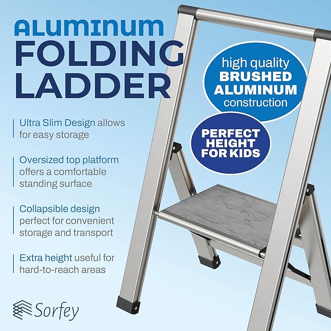 Step Ladder 1 Step Folding, Decorative - Beautiful Gray Wood & Silver Aluminum, Ultra Slim Profile, Anti Slip Steps, Sturdy-Portable for Home, Office, Kitchen, Photography Use,by SORFEY