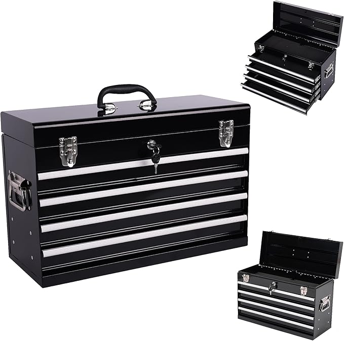 4 Drawers Metal Tool Box, 21" Portable Steel Tool Chest w/Key Lock & Latch Closure, Multi-Function Top Storage Tray Toolbox w/Powder Coating & Ball Bearing Slides for Garage & Workshop(Black)