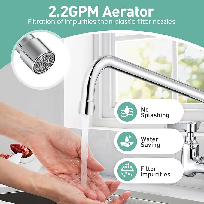 Wall Mount Commercial Sink Faucet with 8" Swivel Spout, 8" Center Wall Mount Kitchen Faucet, Dual Handles Brass Utility Sink Faucet for Laundry Room Restaurant