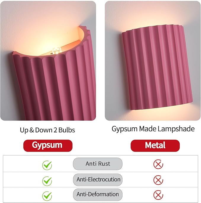 Pink Gypsum Modern LED Wall Sconces Wall Lighting Set of 2, Indoor Hardwired Walls Mount Light Fixtures Up Down Lamp for Hallway Bedroom Living Room Dining Room【Bulbs Included】