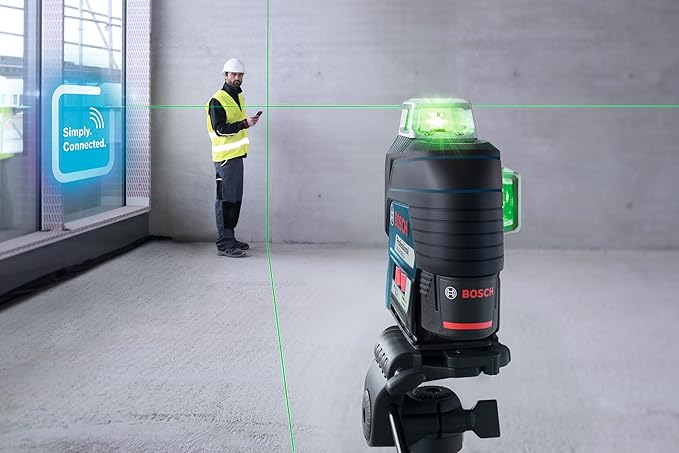BOSCH GLL3-330CG 200 Ft 12V Max Connected 360 Degree Green-Beam Laser, Includes 2.0 Ah 12V Max Lithium-Ion Battery & Charger, AA1 Alkaline Battery Adapter, Hard Carrying Case, & Accessories