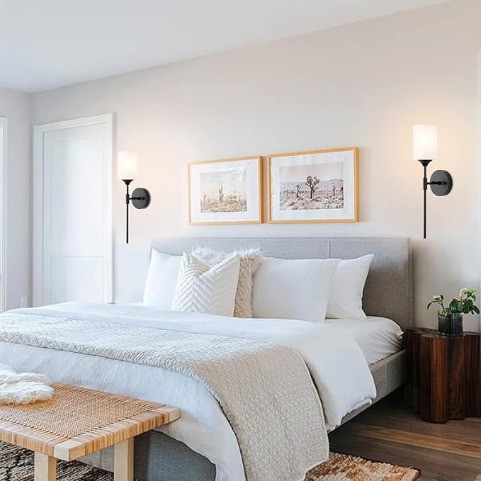 Mid Century Modern Wall Lamp 2 Pack with White Cylinder Glass Shades Matte Black Wall Sconce Bathroom Vanity Lighting Industrial Farmhouse Wall Light Fixtures for Mirror Bedroom Living Room