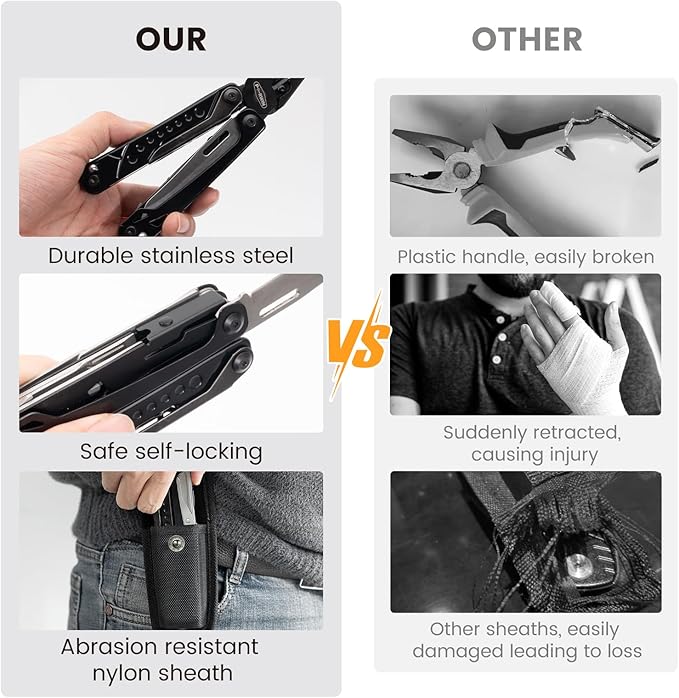 Multitool, 20-in-1 Stainless Steel Multi Tools Pliers with Nylon Sheath, Safe Locking, Professional Multi-Tool for Survival, Camping and Hunting, Black