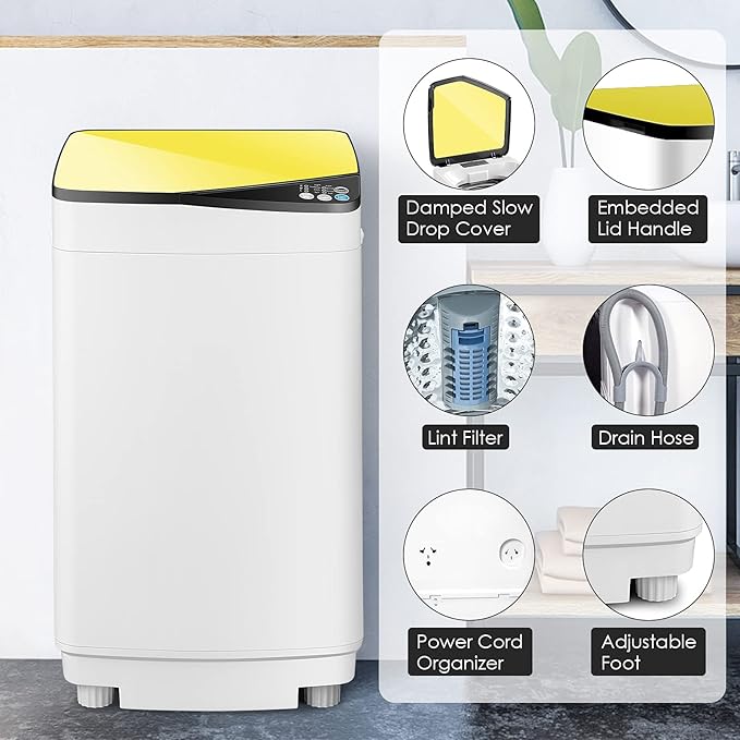 Casart Washing Machine Portable Washer W/ 7.7 Lbs Weight Capacity Washer and Dryer Full Automatic Washing Machine (Yellow& White)