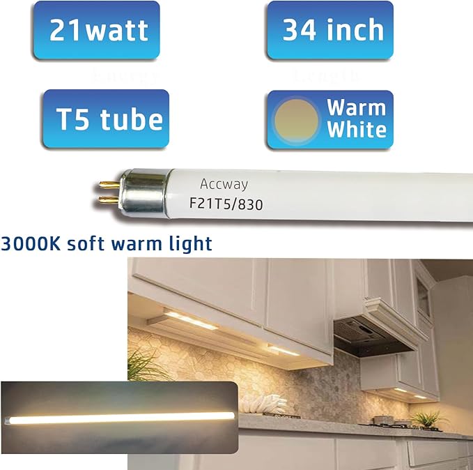 (6pack 34inch F21T5/830 Fluorescent Light Bulb, 21Watt Warm White T5 Linear Tube, 34'' F21W/T5 3000K Soft White Lighting, 20000Hour Longevity Performance