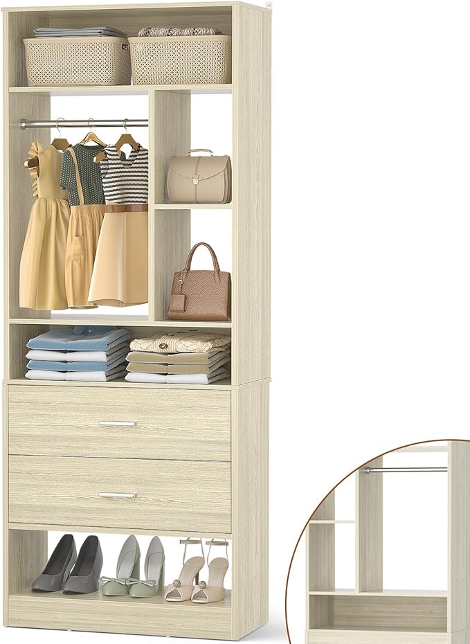 Freestanding 24" Closet System with 2 Wood Drawers, 2FT Small Closet Organizer System with 6 Shelves & Hanging Rod, Walk-in Closet Systems for Small Closets, White Oak (24"L x 15"W x 80"H)