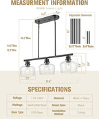 Emak Black Dining Room Light Fixture, Modern 32 Inch Linear Chandelier Lamp with Seeded Glass Shade, Farmhouse 3-Light Kitchen Island Lighting for Kitchen, Dining Room, Bar, IL122-BK-SG-3