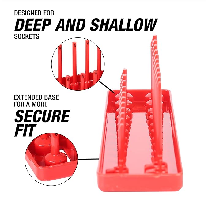 OEMTOOLS 22234 Socket Organizer, 6 Piece Socket Organizers, SAE and Metric, Socket Holders 1/4, 3/8, 1/2 Drive Sockets, Socket Holder for Toolbox, Red and Black