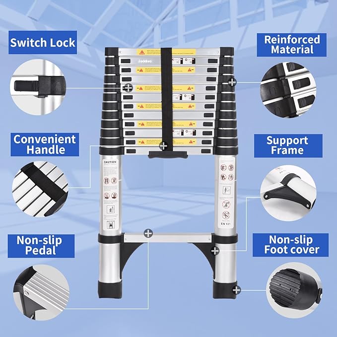 JADDUO 12.5FT Telescoping Ladder Aluminum Lightweight Extension Ladder with 2 Triangle Stabilizers Compact Collapsible Ladder for Travel, Home & RV
