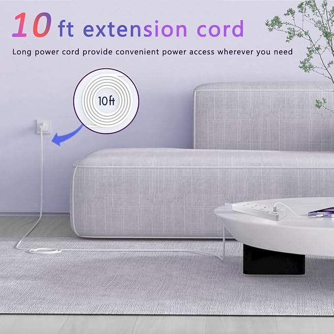 Power Strip with 45 Degree Plug and 10ft Long Cord, 3 Universal Socket, 2500W Circuit Breaker, 4 USB Ports Desktop Charging Station(3 USB-A & 1 USB-C)