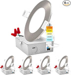 LUXRITE 4 Inch Ultra Thin LED Recessed Light with J-Box, 10W, 5 Color Options 2700K | 3000K | 3500K | 4000K | 5000K, Dimmable Wafer Lights, 750 Lumens, Brushed Nickel, Energy Star, IC Rated (4 Pack)