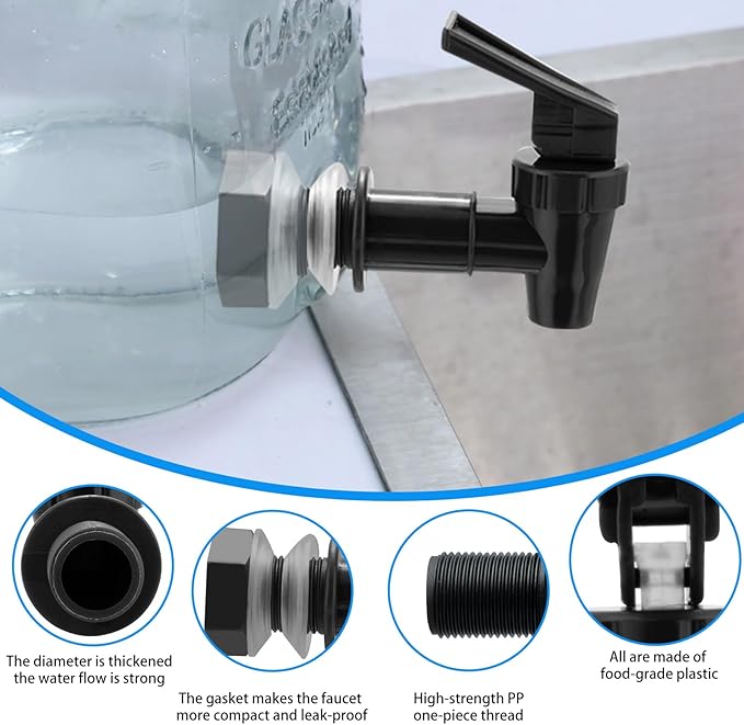 Replacement Cooler Faucet Water Bottle Jug, BPA-Free Plastic Spigot Spout Beverage Lever Pour Dispenser Valve, Crock Tap (4 Black)