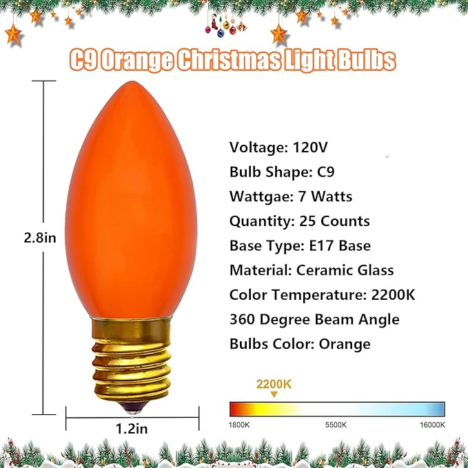 C9 Halloween Orange Replacement Bulbs 25 Pack, C9 Ceramic Orange Incandescent Bulb Christmas Light Bulbs for Halloween String Lights Outdoor Patio Christmas Lighting, E17 Intermediate Base, 7 Watts