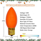 C9 Halloween Orange Replacement Bulbs 25 Pack, C9 Ceramic Orange Incandescent Bulb Christmas Light Bulbs for Halloween String Lights Outdoor Patio Christmas Lighting, E17 Intermediate Base, 7 Watts