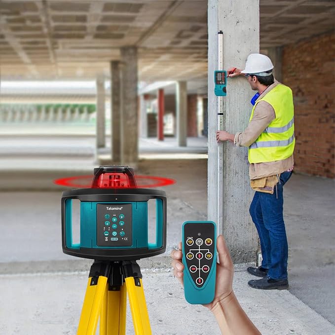 Takamine Rotary Laser Level Kit, Red Beam 635nm Wavelength, 800M Measuring Range, Horizontal/Vertical Self-Leveling, 5 Scan Angle and Rotation Speed Adjustment, Includes Remote Control, Receiver.