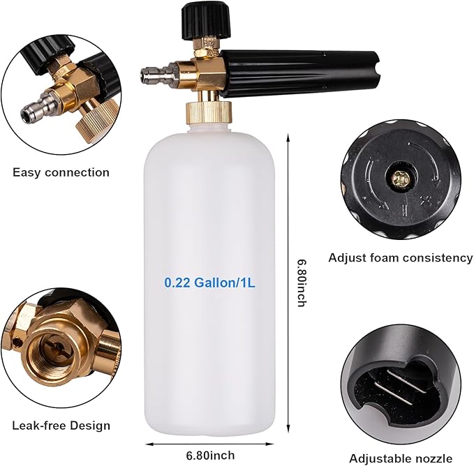 Pressure Washer Short Gun, Foam Cannon with 1/4 Inch Quick Connector, Power Washer with 5 Pressure Washer Nozzle Tips, M22-14 mm Inlet Connector