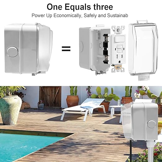 15 Amp GFCI with Switch Outdoor Electrical Outlet Box, Nonmetallic Heavy Duty Box IP66 Waterproof and NEMA 5-15 Self Test TR GFCI Outlet Kit, 3.15 Inch Deep, Lockable, Clear/Gray, ETL Listed