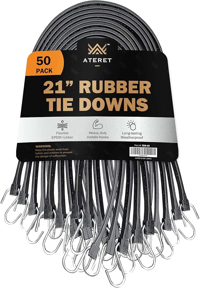 ATERET Rubber Bungee Cords with Hooks I 21 Inch, 32" Max Stretch I Heavy-Duty Black Tie Down Straps for Outdoor, Tarp Covers, Canvas Canopies, Motorcycle, and Cargo, Pack of 50