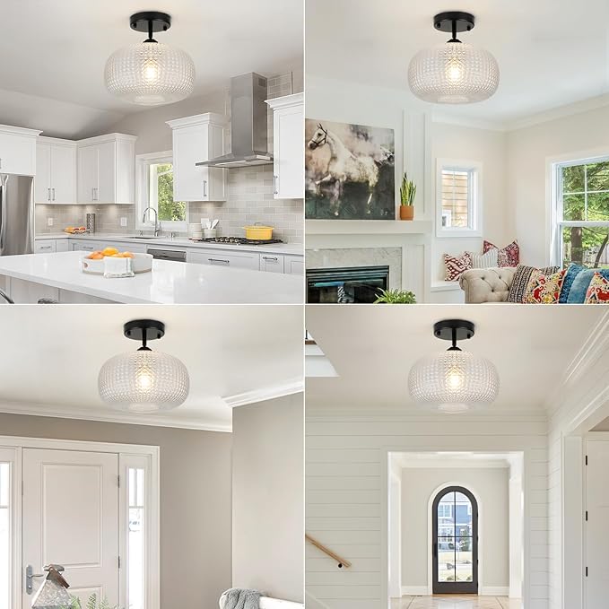 WILON Glass Flush Mount Ceiling Light Globe Black Ceiling Light Fixture Modern Farmhouse Lighting Vintage Semi Flush Ceiling Lamp for Kitchen Hallway Bedroom Entryway Laundry Living Dining Room